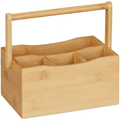 Relaxdays Besteckhalter Bambus, 4 Fächer, Henkel, Küchenutensilienhalter, Tischbutler für Besteck & Servietten, natur