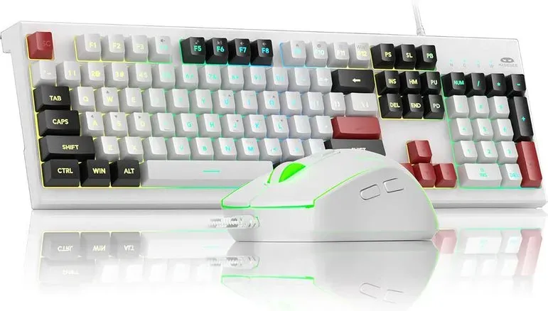 MageGee K2 Classic Tastatur, Tastatur- und Maus-Kombi mit cremigem Finish, kabelgebunden, RGB-Hintergrundbeleuchtung, 104 Tasten, wasserdicht, ergonomisch, für PC/Laptop/Mac – Knight Red