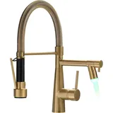 LuxusKollektion Küchenarmatur LED Wasserhahn Küche Gebürstetes Gold mit Pull-Down-Spray