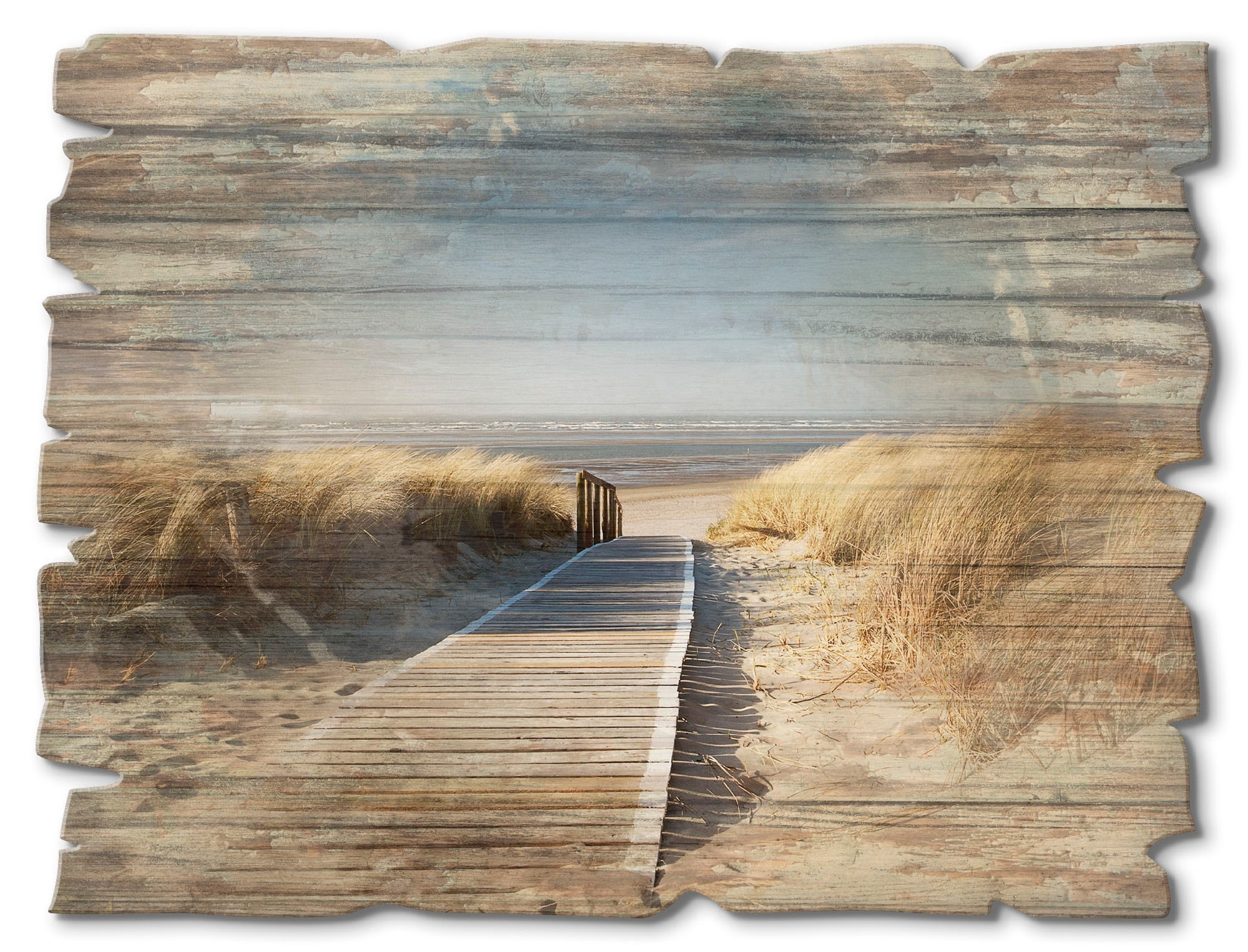 Holzbild »Nordseestrand auf Langeoog - Steg«, Strand, (1 St.), 36953451-0 naturfarben B/H: 40 cm x 30 cm