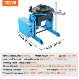 Vevor Schweißdrehtisch 80 W Schweißpositionierer 1-12 U/min Manipulator 30 kg(Horizontal)/15 kg(vertikal) Drehtisch 0–90° Neigungswinkel KD200-Dreibackenfutter zum Schneiden, Schleifen, Montieren