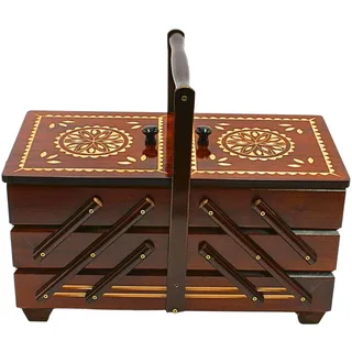 Dekohelden24 Hochwertiger Nähkasten, Nähkästchen aus Furnierholz mit 7 Fächern in Braun, L/B/H 42 x 20 x 21 cm
