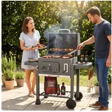 TLGREEN Holzkohlegrill XXL Holzkohlegrill Grillwagen mit Deckel, 3-Zonen Multifunktionaler Smoker Grill, Höhenverstellbare Kohleschale,Thermometer & 4 Lüftungsschlitze, Mit 2 klappbaren Ablagen, Rädern und Aschekasten grau