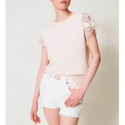 Twinset für Damen. 251TP2290 Standard-T-Shirt mit beiger Spitze (S), Lässig, Baumwolle, Kurzarm