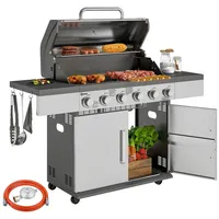 Outsunny Gasgrill 8500BTU Grillwagen inkl 6 Edelstahl-Brenner Rolle Thermometer