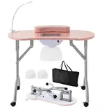 Goplus Nageltisch faltbar, Maniküre Tisch mit Absaugung, LED Tischlampe, Handgelenkkissen, Tragetasche, Manikürtisch auf Rädern für Nagelstudio Schönheitssalon (Rosa)