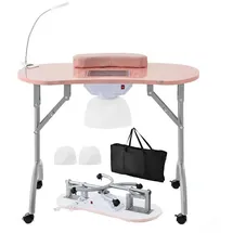 Goplus Nageltisch faltbar, Maniküre Tisch mit Absaugung, LED Tischlampe, Handgelenkkissen, Tragetasche, Manikürtisch auf Rädern für Nagelstudio Schönheitssalon (Rosa)