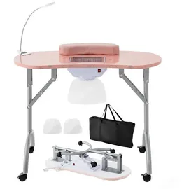 Goplus Nageltisch faltbar, Maniküre Tisch mit Absaugung, LED Tischlampe, Handgelenkkissen, Tragetasche, Manikürtisch auf Rädern für Nagelstudio Schönheitssalon (Rosa)