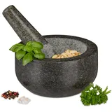 Relaxdays Granit Mörser mit Stößel, robust & langlebig, Gewürze, Kräuter, polierter Steinmörser, Ø 16 cm, 400 ml, grau