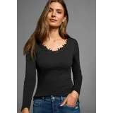 AJC Langarmshirt AJC, Damen, Gr. 36/38 (S), schwarz, Rippware, Obermaterial: 100% Baumwolle. Spitze: 100% Polyester, clean, unifarben, sehr figurbetont hüftlang, tiefer V-Ausschnitt, Shirts Langarmshirt, Langarm, figurbetont, mit zauberhafter Spitze