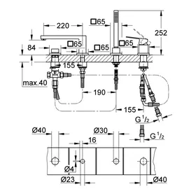 Grohe Eurocube 4-Loch-Einhand-Wannenkombination Hard Graphite gebürstet