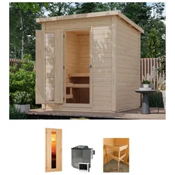Saunahaus KARIBU "Talo 2", beige (naturbelassen), Bio-Kombiofen, externe Steuerung, 9 kW, Saunen, Bio Ofen 9 kW, externe Steuerung