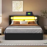 XDOVET Polsterbett mit LED-Lichtleiste Bluetooth-Player und USB-Aufladung Flachbett Doppelbett 140x200cm
