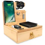 iCozzier Bambus-Telefonhalter, Schreibtisch-Dockingstation mit Schublade, Schlüssel, Geldbörse, Uhr, Holzständer, Betttisch und Schreibtischhalterungen, Tisch-Organizer (1)
