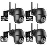 4X Überwachungskamera Aussen WLAN, 360° Schwenkbar 1080P WLAN IP Kamera Outdoor, 32&64GB Speicher Karte, Nachtsicht in Farbe, 2-Wege Audio - Schwarz