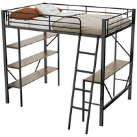 Flieks Hochbett Kinderbett Metallbett Etagenbett mit Schreibtisch/ 3 Ablagen 90x200cm schwarz