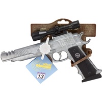 Festartikel Hirschfeld J.G.Schrödel Europol: Spielzeugpistole für Zündplättchen, ideal für das Polizeikostüm, 13 Schuss, in Box, 25 cm, schwarz/silber (304 0991)