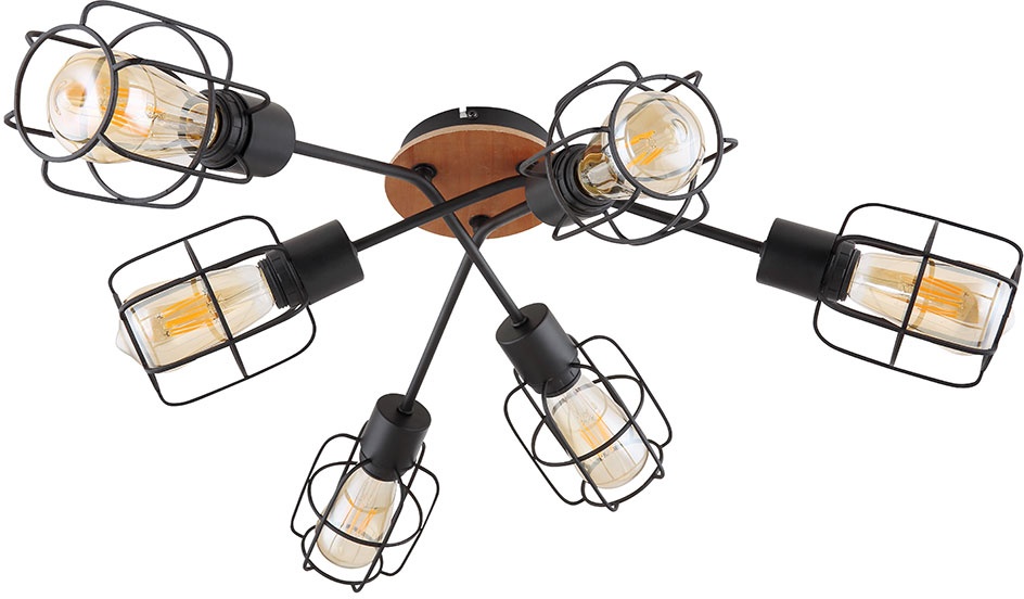 Deckenleuchte Deckenlampe Käfig Esszimmerlampe Holzlampe 6 flammig, Metall schwarz braun, 6 Flammig E27, DxH 78,5x24 cm