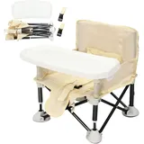 Babystuhl Tragbare Sitzerhöhung, Sitzerhöhung Stuhl Kind mit Tragetasche, Baby Campingstuhl für 0-2 Jahren Baby, Kindersitzerhöhung mit Rückenlehne und Einstellbarer Sicherheitsgurt (Beige)