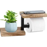 Pavlleen Toilettenpapierhalter Holz Bambus | Ohne Bohren mit Ablage | Schwarz Matt | Elegante WC Rollenhalter für Badzimmer und Küche | Stahl Bambus Design | Kleben oder Bohren Optionen