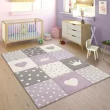 Paco Home Kinderteppich »Cosmo 339«, rechteckig, 16 mm Höhe, Kurzflor, Pastell-Farben, 3D-Effekt, Motiv Herz, Punkte & Krone lila Grau Creme, Grösse:160x230 cm