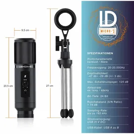 Liam&daan Podcast Mikrofon mit Monitorfunktion & Dreibeinstativ 192 kHz - 20 Hz bis 20 kHz