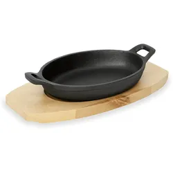 Gusspfanne mit 2 Griffen u. Holzuntersetzer - Gusseisen - L: 15,5cm - Servierpfanne - oval