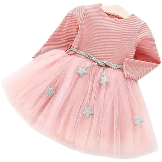 Baby Langarm Strick Tutu Kleid Infant Princess Tüll Kleid mit Stern Bund Baumwollmischung Rock für Kinder(90-Rosa)