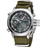 JewelryWe Uhren Herren Analog Digital Quarz Zwei Zeitzone Armbanduhr Nylon Tetxil Armband Uhr Sportuhr mit Leuchtend Zeiger, Alarm, Stoppuhr, Chronograph, Glockenspiel, Datum Tag Kalender Schwarz