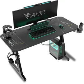 SENSE7 Schreibtisch Nomad Cybernetic, Gaming Tisch 140x60, PC Tisch mit Kopfhörerhaken, Getränkehalter, Controller Halter, Gaming Computertisch mit Kohlefaseroberfläche, Ergonomischer Gaming Desk