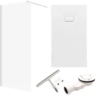 bad land SET Duschwanne 80x100 Rechteck Weiß + Walk-In Dusche 100x195 Transparentes Glas + Glaswischer