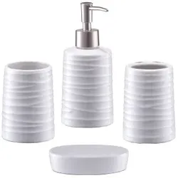 Zeller Bad-Accessoires-Set in Geschenkverpackung, 4-teilig, Seifenspender, Seifenschale, Zahnputzbecher, Utensilienhalter, 1 Set, weiß, Material: Keramik