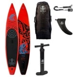 Runga-Boards Inflatable SUP-Board Runga TOA RACE AIR 12.6 RED Stand Up Paddling SUP iSUP, (Set 2, Trolley-Rucksack, Center-Finne, Coiled-Leash, Doppelhub-Pumpe) Set 2