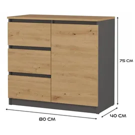 Top e shop Topeshop 1D3S ANT/ART BA KPL, Anthrazit, Eiche, 3 Schublade(n), Partikelbord, Modern - Grau/Braun