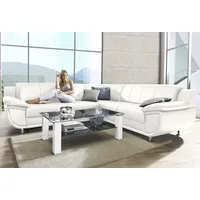 Ecksofa TRENDMANUFAKTUR "Rondo wahlweise mit Schlaffunktion, bequeme Armlehnen", weiß (schneeweiß), B:267cm H:85cm T:247cm, Microfaser PRIMABELLE (100% Polyester);Kunstleder SOFTLUX;Struktur (54% Polyacryl, 46% Polyester);NaturLEDER (echtes Rindsleder) in Sitz und Rücken, Korpus Kunstleder SOFTLUX, Sofas, Ecksofa, L-Form, wahlw.mit Federkern, Füße chromfarben, Unser Dauertiefpreis