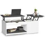 IDMarket - Couchtisch Beistelltisch mit 2 aufklappbaren Tabletts EYLA mit Truhe, Holz, Weiß und Grau