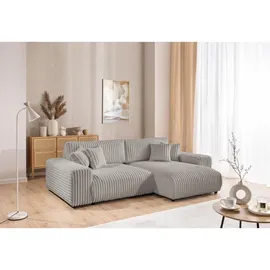 s-style möbel Mollis - Ecksofa mit Schlaffunktion und Bettkasten aus Hellgrau Plüschcord mit schöner Sitzkomfort - Hellgrau