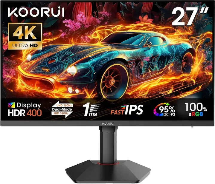 KOORUI G2741L Gaming-Monitor 27 Zoll Dual-Modus 4K UHD 3840 x 2160 bei 160 Hz und FHD bei 320 Hz PC-Bildschirm, schnelles IPS 1 ms HDR 400, 2x HDMI 2.1 & DP 1.4