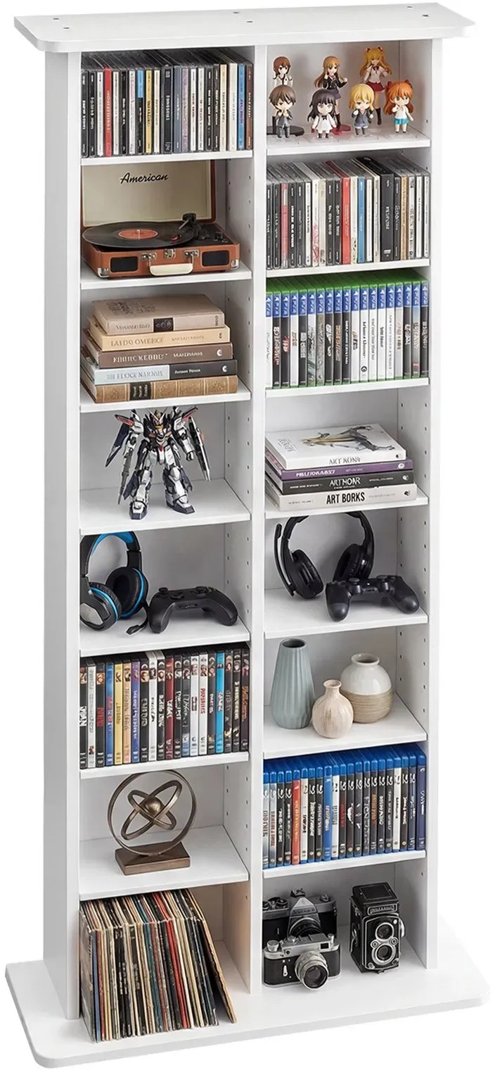 VEVOR Medienregal, 8-lagiges CD-Regal, 559x222x1295 mm, Multimedia-Aufbewahrung für CDs, DVDs, Bücher & Spiele, Raumteiler Schrank mit 16 Fächern für Wohnzimmer, Homeoffice, Aufnahmeraum, Weiß