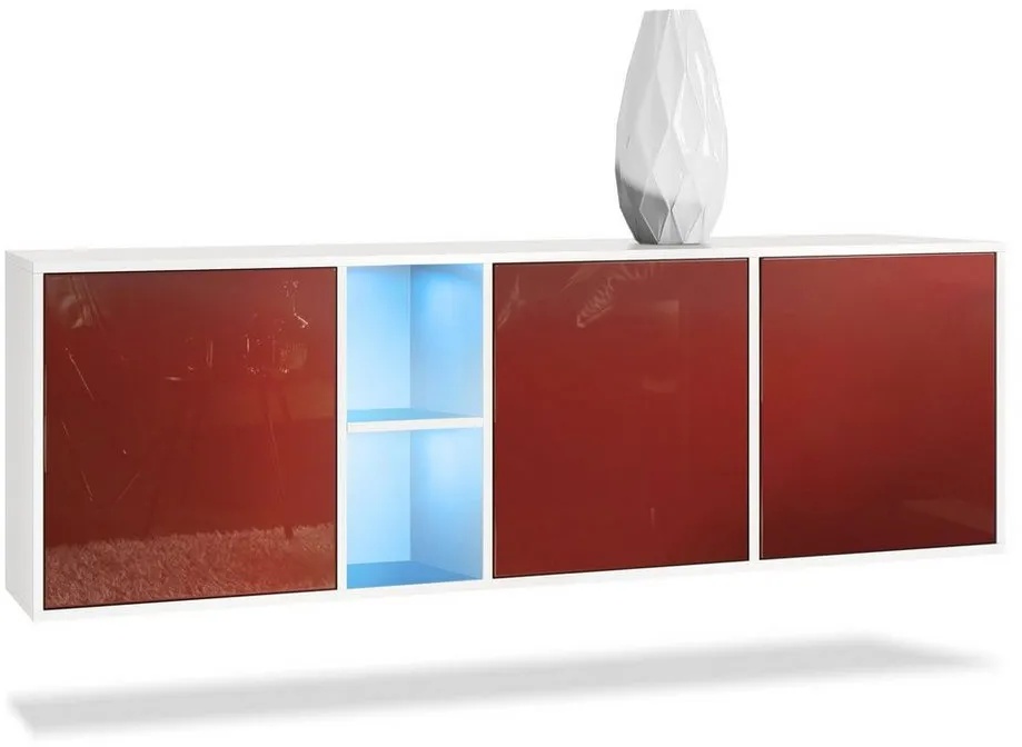 Vladon Sideboard Cuba (Kommode, mit 3 Türen und 2 offene Fächer), Weiß matt/Bordeaux Hochglanz inkl. LED-Beleuchtung (182 x 53 x 35 cm) rot