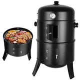 Räucherofen, 3 in 1 Smoker Grill Holzkohlegrill, Räuchertonne Räuchergrill Watersmoker, Räuchern Räucherofen mit Deckel & Thermometer, 2 Grillrost Edelstahl, 2 Wasserschale Emaille, Holzkohle Grill