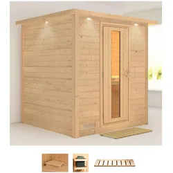 Sauna KARIBU "Menja", beige (naturbelassen), ohne Ofen, (ohne Ofen), Saunen, ohne Ofen