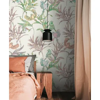 living walls Fototapete THE WALL III Vogel Tapete Motivtapete Blätter Vögel, glatt, matt, (1 St), Vliestapete floral für Schlafzimmer Küche Wohnzimmer Vogel Design Flur bunt|grün