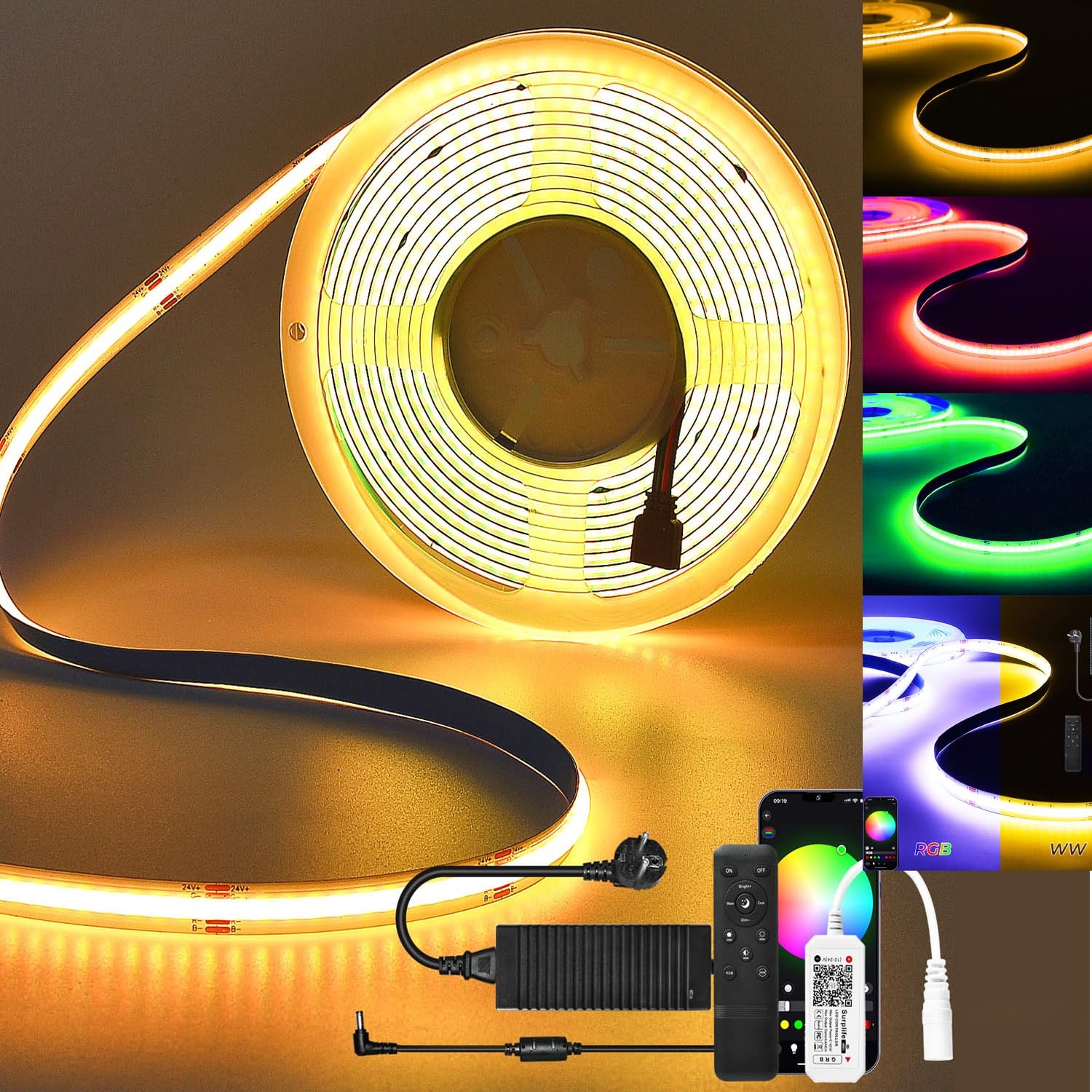 WIFI 10M COB RGB LED Streifen Strip Lichterkette 576LEDs/M 5760LEDs 24V Dimmbar Verformbar LED Licht mit intelligent Ferbedienung,Band Lichtleiste Arbeitet mit Google Home Assistant/Alexa