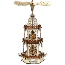 Dekohelden24 Holz Teelichtpyramide in Natur/braun mit 3 Etagen, für 3 Teelichte, L/B/H: 19 x 16,5 x 42 cm, Motiv: Laternenkinder.