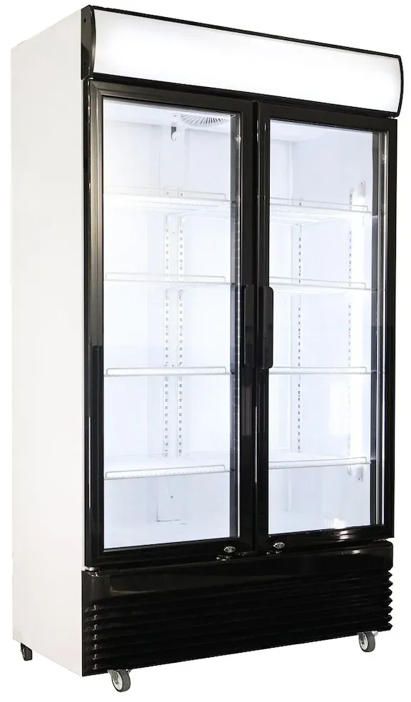 Kühlschrank STERLET auf Rollen | 2x Glastür + LED & Display | 750 Liter, HxBxT 196,5x112x61cm | +2/+10°C | + CHEFGASTRO Geschirrtuch