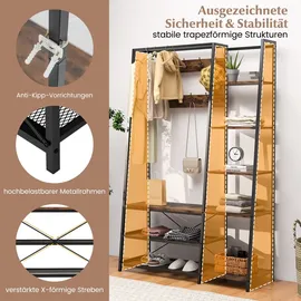 Costway Garderobenständer, mit Schuhbank, 2 Schuhregalen, 9 Haken, 5 seitlichen Ablagen und Kleiderstange, mit Bank, Metall,