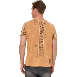 RUSTY NEAL T-Shirt RUSTY NEAL, Herren, Gr. M, braun (camelfarben), 100% Baumwolle, bedruckt, normal, Rundhals, Shirts T-Shirt, im Used-Look mit Allover-Print