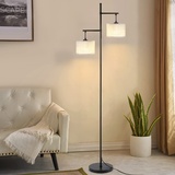 ZMH Stehlampe Wohnzimmer Modern Stehleuchte - Schwarz E27 Standleuchte Vintage 2 Flammig Bettlampe Weiß Stoff Design Standlampe Boho Deko Leselampe Max.25W mit Fußschalte für Büro Schlafzimmer