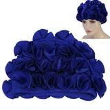 Badekappe Blumen, Schwimmkappe Lange Haare, 21 cm, Damen Kinder Retro Blumenmuster Fashion Elastische Badekappe, Gehörschutz, Hochelastisch, für Erwachsene und Kinder Geeignet(Blau)